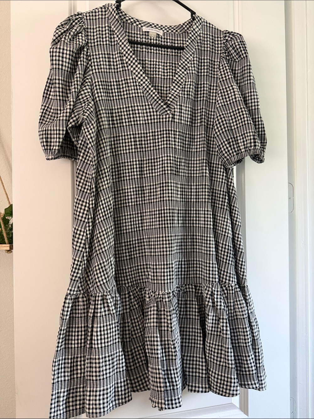 Calvin Klein Black and White Gingham Puff-Sleeve Dress